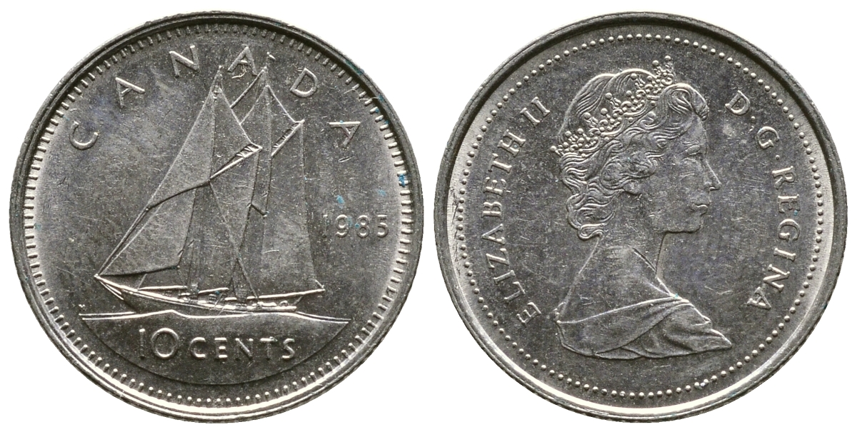 КАНАДА 10 ЦЕНТОВ 1985 ПАРУСНИК, ЕЛИЗАВЕТА II KM 77.2 никель 35-133