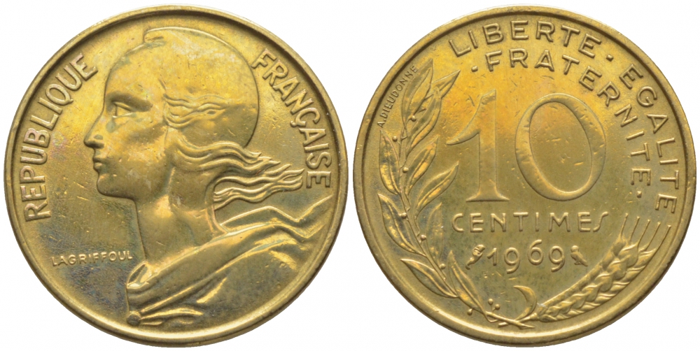 ФРАНЦИЯ 10 САНТИМОВ 1969 ТИП MARIANNE KM 929 медь алюминий никель 112-355