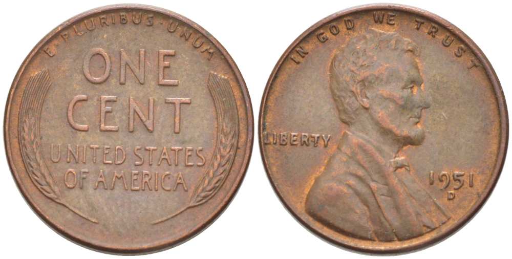 США 1 ЦЕНТ 1951 D, ЛИНКОЛЬН KM А132 медь цинк 218-558