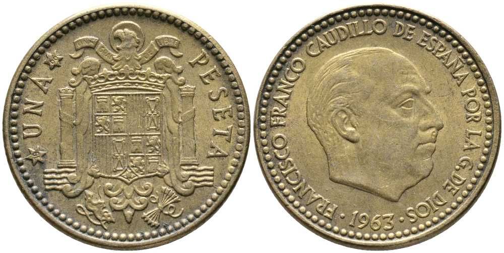 ИСПАНИЯ 1 ПЕСЕТА 1963 (66) ФРАНСИСКО ФРАНКО ДИКТАТОР ИСПАНИИ (1939-1975) KM 775 алюминиевая бронза 110-1147