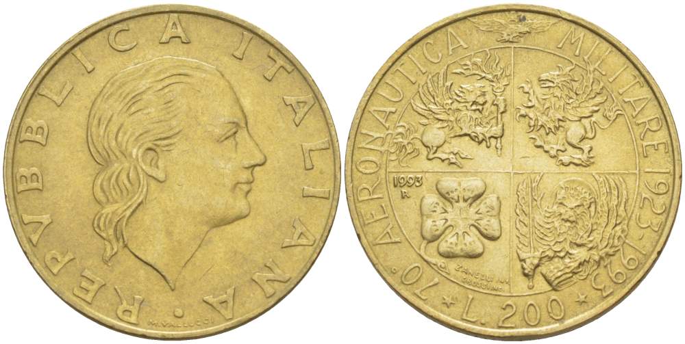 ИТАЛИЯ 200 ЛИР 1993 R, 70 ЛЕТ ВОЕННОЙ АВИАЦИИ KM 155 алюминиевая бронза 4529-226