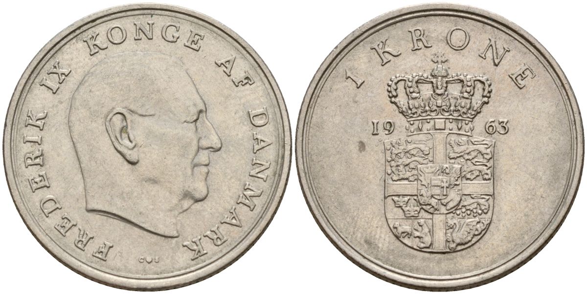 Дания 1 крона 1963 C;S, Фредерик IX (1947-1972) KM 851 медно-никель 4150-922