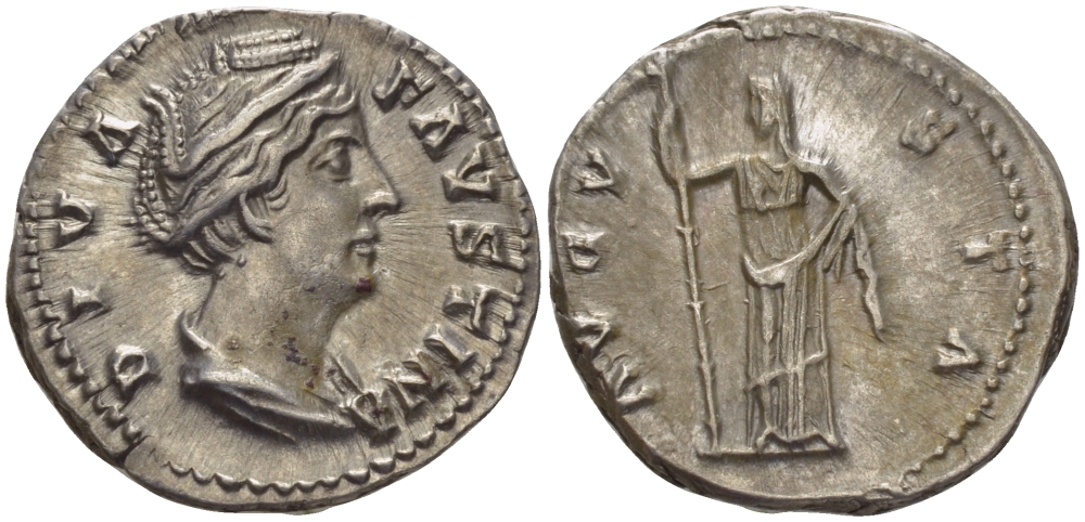 Римская Империя денарий 141 - 161 Фаустина Старшая, жена Антонина Пия DIVA FAUSTINA / AVGVSTA Рим Extremely fine (Монета отчеканена в честь обожествленной императрицы), 3,50 гр RIC 362 серебро 1073-5-7-5