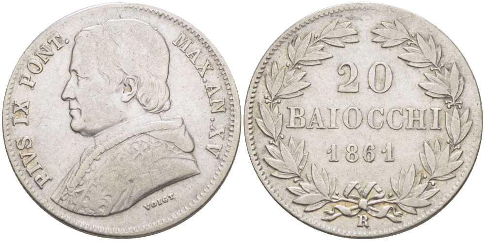 Ватикан 20 байоччи 1861 R, год XV, папа Пий IX (1846-1878) KM 1360 (С173а) серебро    1521-1642