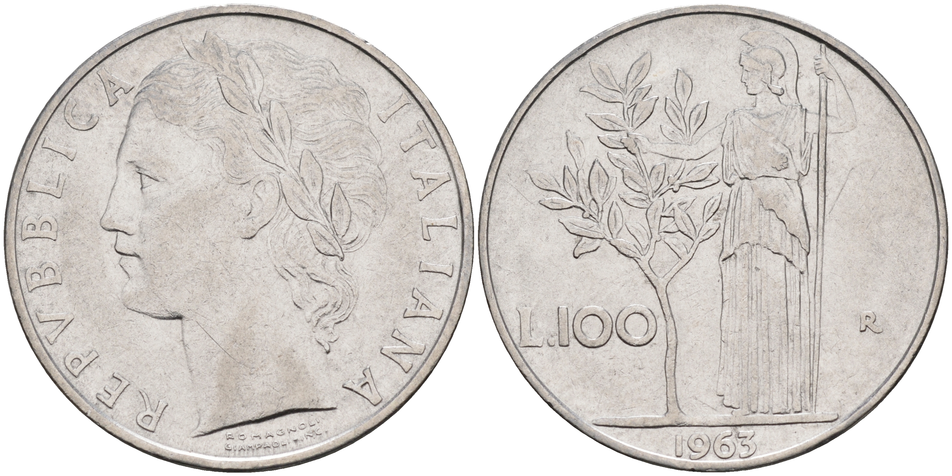 Италия 100 лир 1963 R, Афина KM 96.1 нержавеющая сталь 4117-324