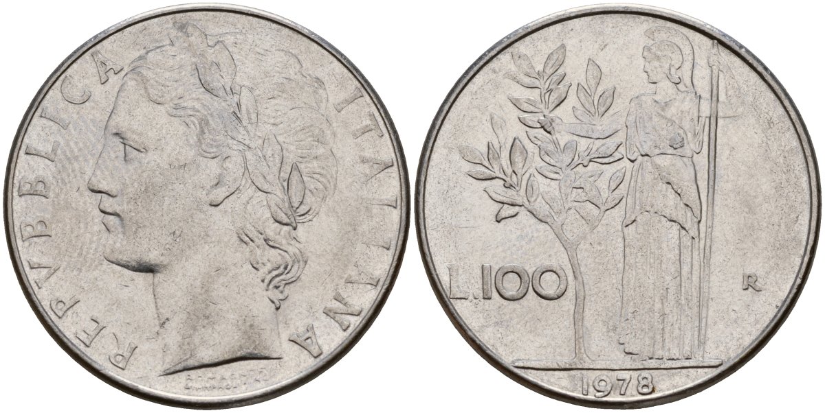 Италия 100 лир 1978 R, Афина у оливкого дерева KM 96.1 нержавеющая сталь 4149-1223