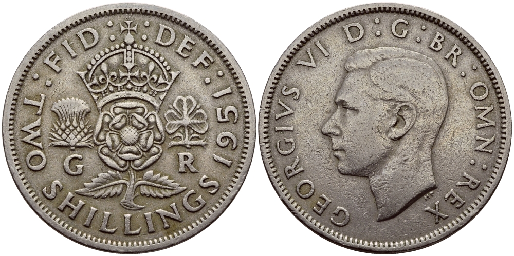 Великобритания 2 шиллинга (флорин) 1951 Георг VI (1936-1952) KM 878, Spink 4107 медно-никель 83-1647