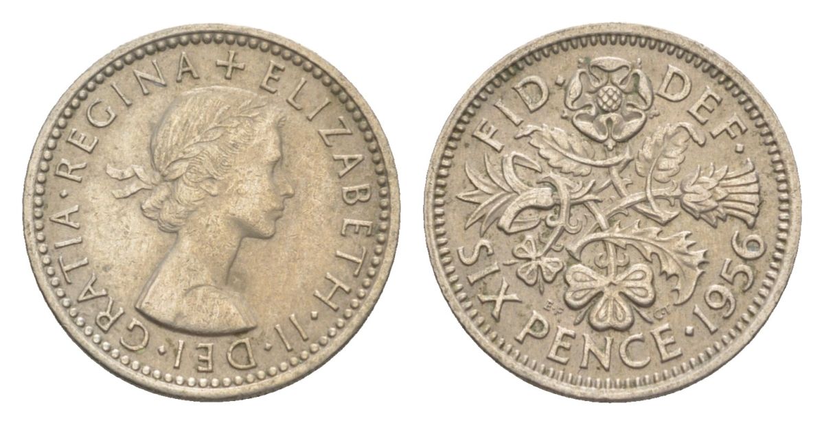 Великобритания 6 пенсов 1956 Елизавета II (1952-2022) KM 903, Spink 4149 медно-никель 4630-1029