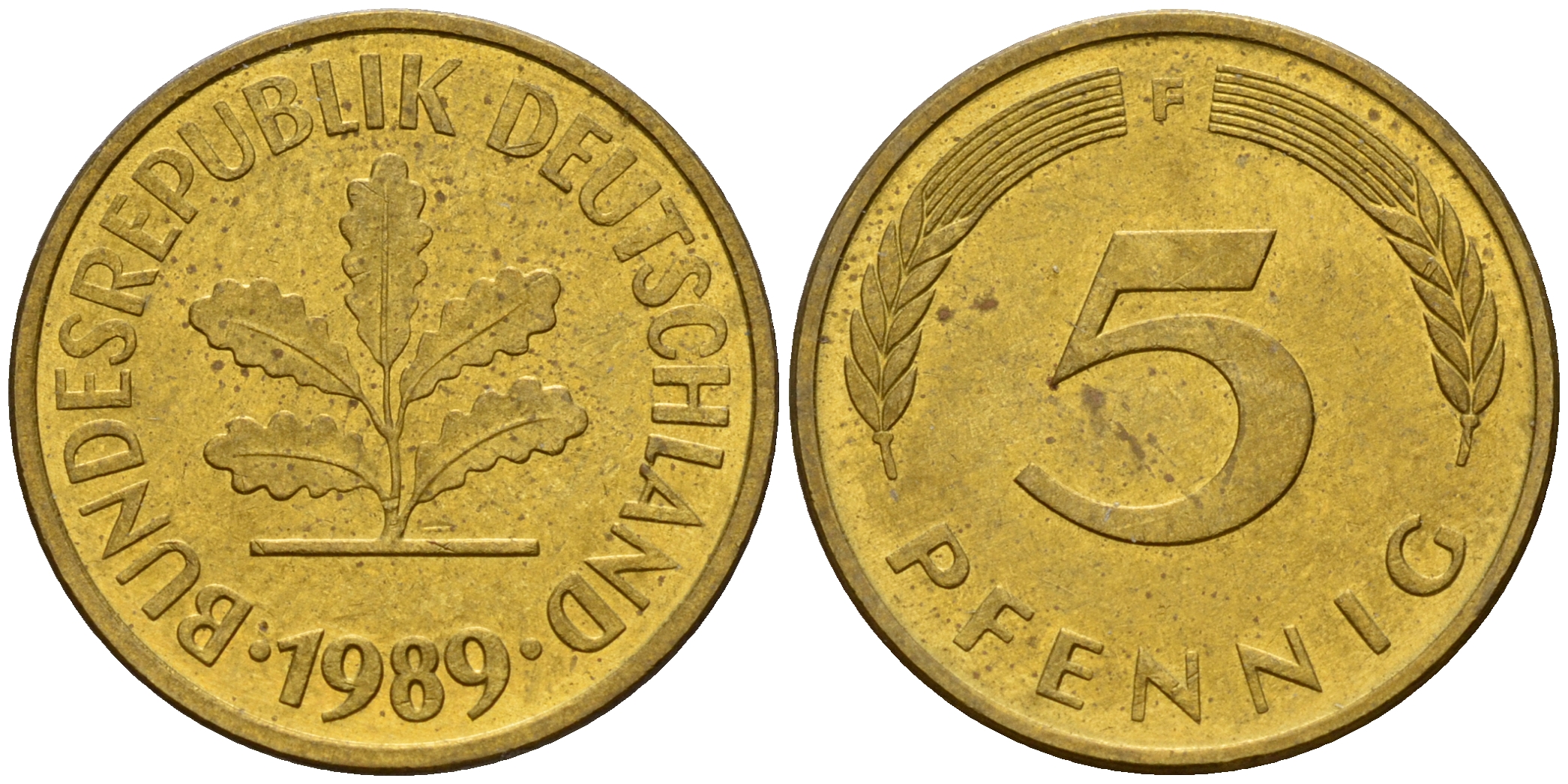 ФРГ 5 пфеннигов 1989 F J.382, KM 107 сталь плакированная латунью    4598-1061