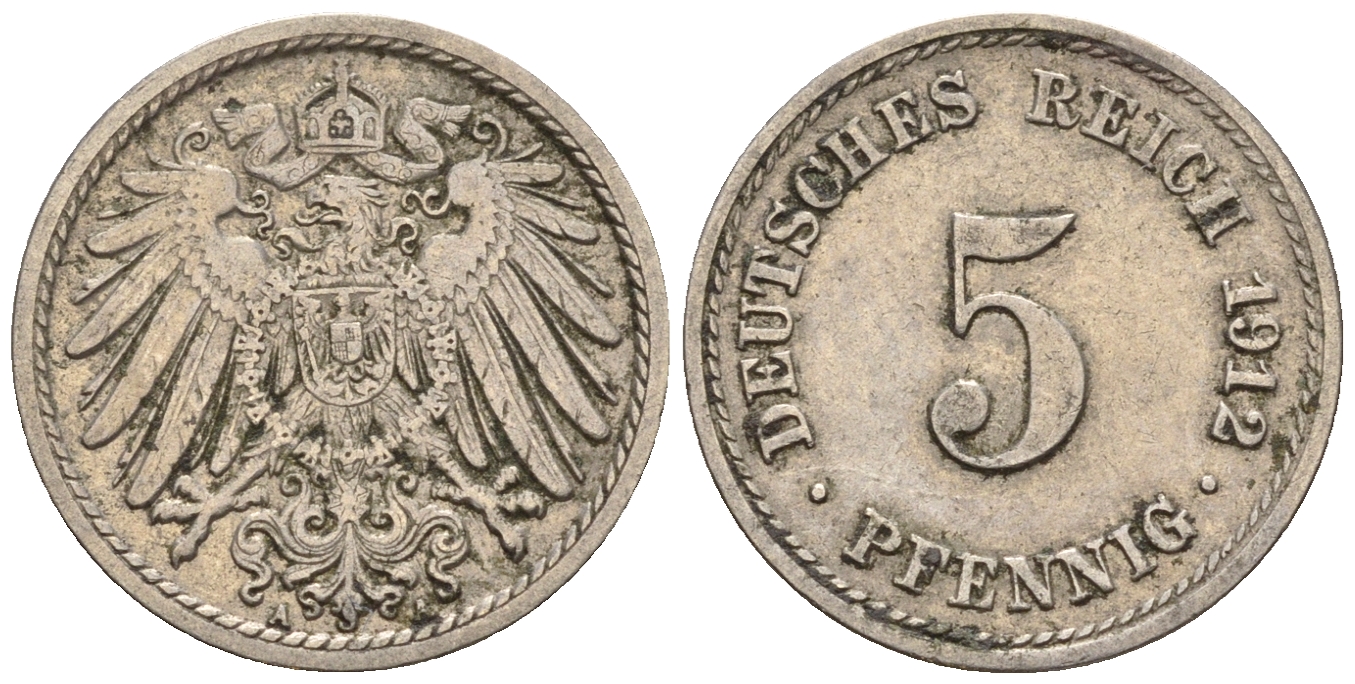 Германия 5 пфеннигов 1912 A, KM 11, J. 12 медно-никель 220-611