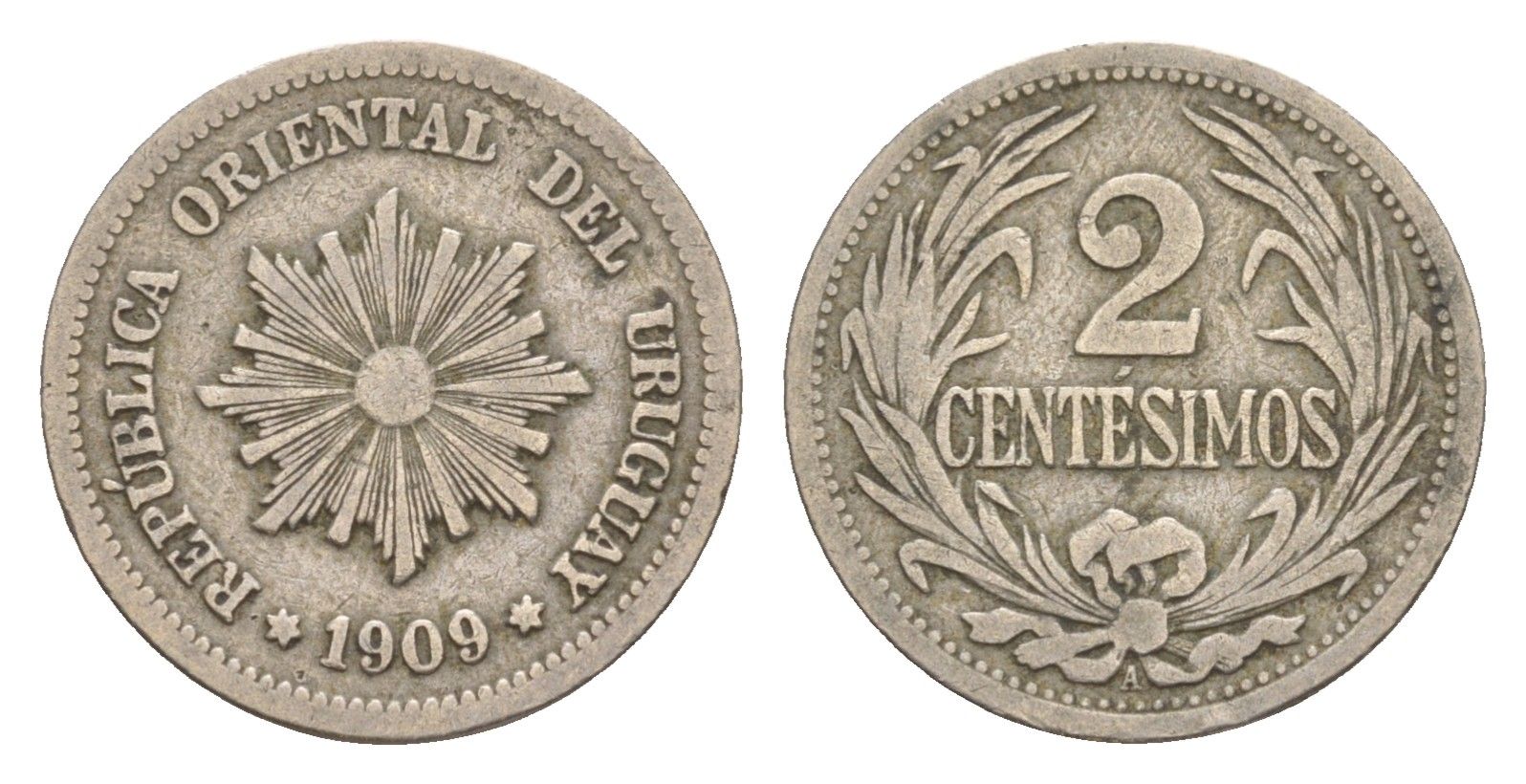 Уругвай 2 сентесимо 1909 KM 20 медно-никель 4649-752