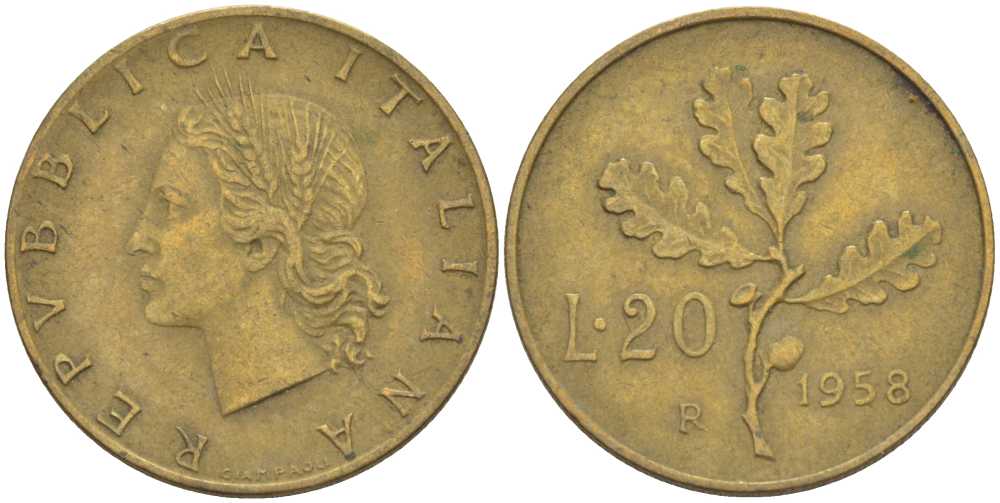 ИТАЛИЯ 20 ЛИР 1958 R, ДУБОВАЯ ВЕТВЬ KM 97.1 алюминиевая бронза 4390-1047