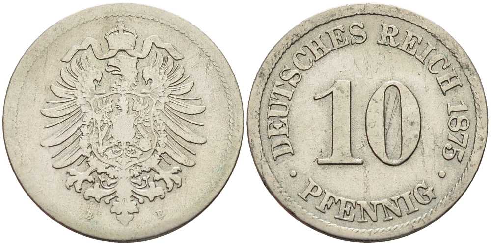 ГЕРМАНИЯ 10 ПФЕННИГОВ 1875 B, СТАРОГЕРБОВКА KM 4, J. 4 медно-никель 4401-243