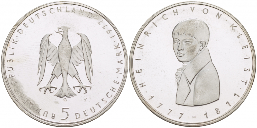 ФРГ 5 марок 1977 G, 200 лет со дня рождения Генриха фон Клейста KM 146, J. 421 серебро PROOF 650-1325