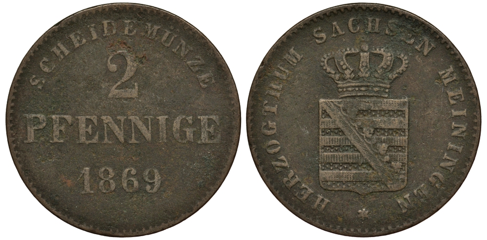 Саксен-Мейнинген 2 пфеннига 1869 Георг II (1866-1914) KM 174, Jaeger 448, AKS 215 медь 413-5322