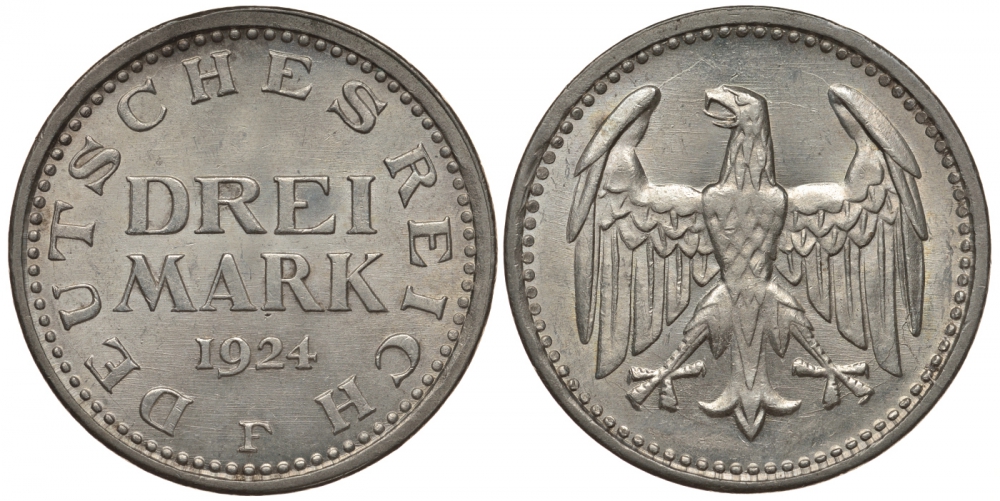Германия 3 марки 1924 F, Веймарская Республика, цена по каталогу MT 200 евро J. 312, KM 43 серебро  UNC  00-803-54