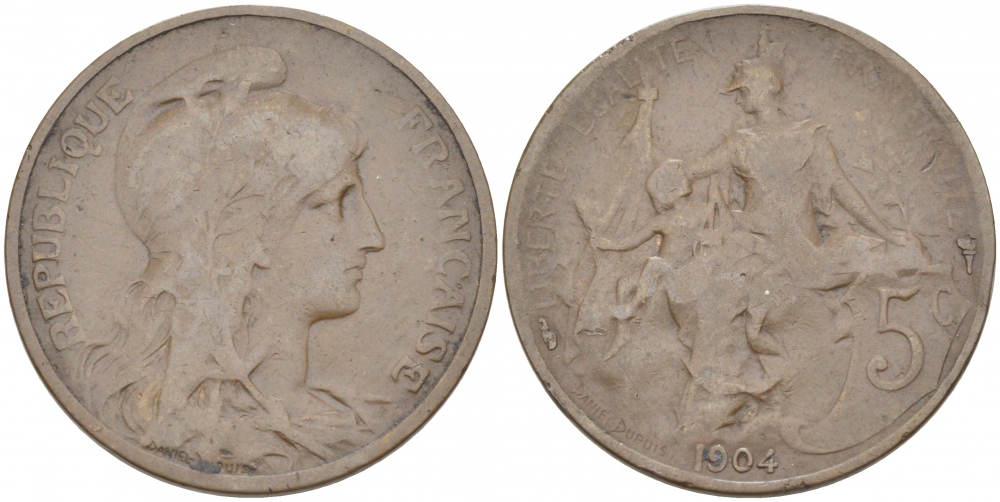 ФРАНЦИЯ 5 САНТИМОВ 1904 ТИП ДАНИЭЛЬ ДЮПЮИ KM 842, LE FRANC 119.14 бронза 77-245