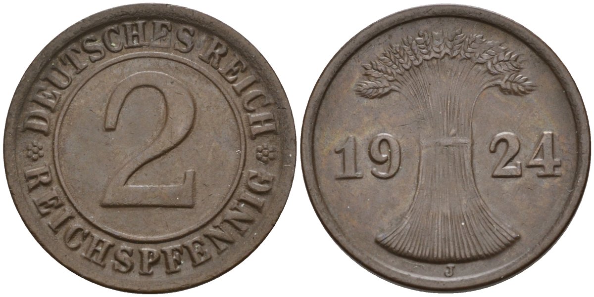Германия 2 рейхспфеннига 1924 J KM 38, J.314, Weege 4 медь 4584-653