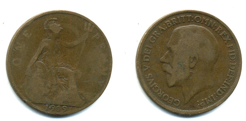 Великобритания 1 пенни 1919 Георг V (1910-1936) KM 810, Spink 4051 бронза 41-245