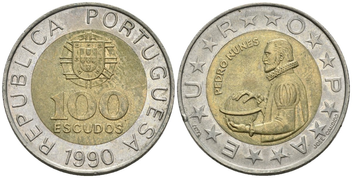 Португалия 100 эскудо 1990 Педру Нуниш (1502-1578), математик KM 645.1 биметалл 4148-534