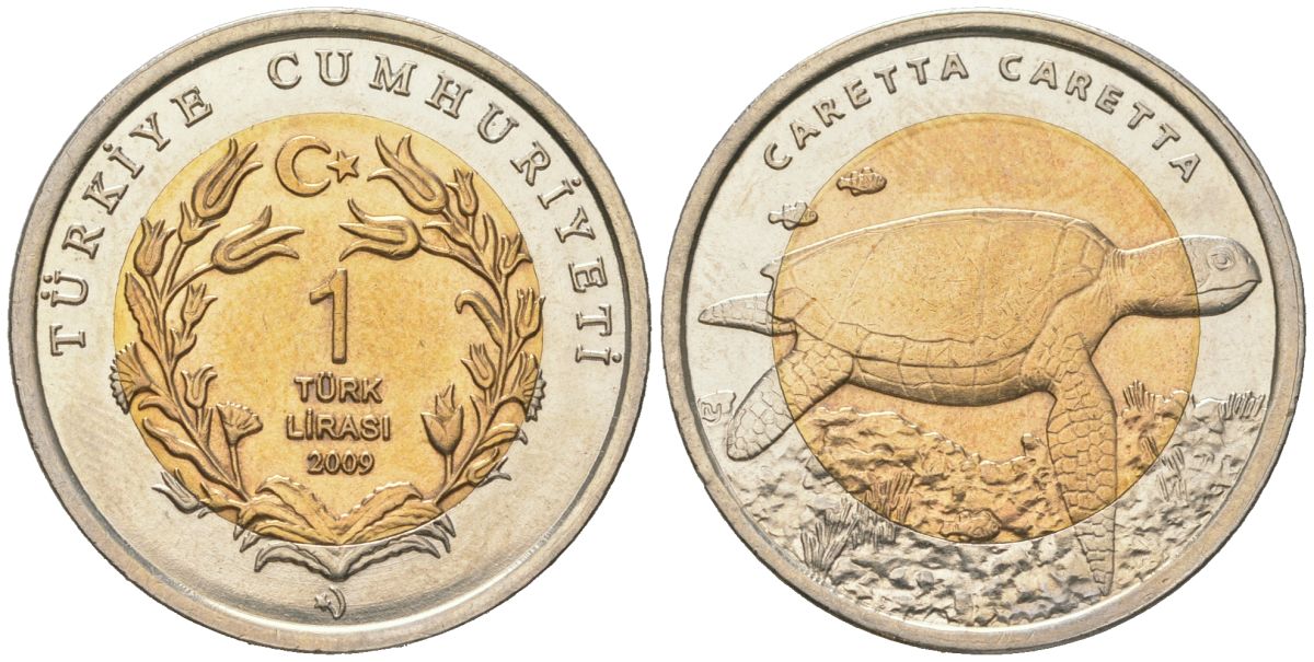 Турция 1 лира 2009 Красная книга, морская черепаха KM 1264 биметалл 4573-623