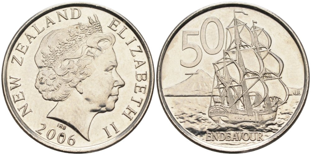 Новая Зеландия 50 центов 2006 Елизавета II (1952-2022), парусник Индевор KM 119а никелированная сталь 4579-1031