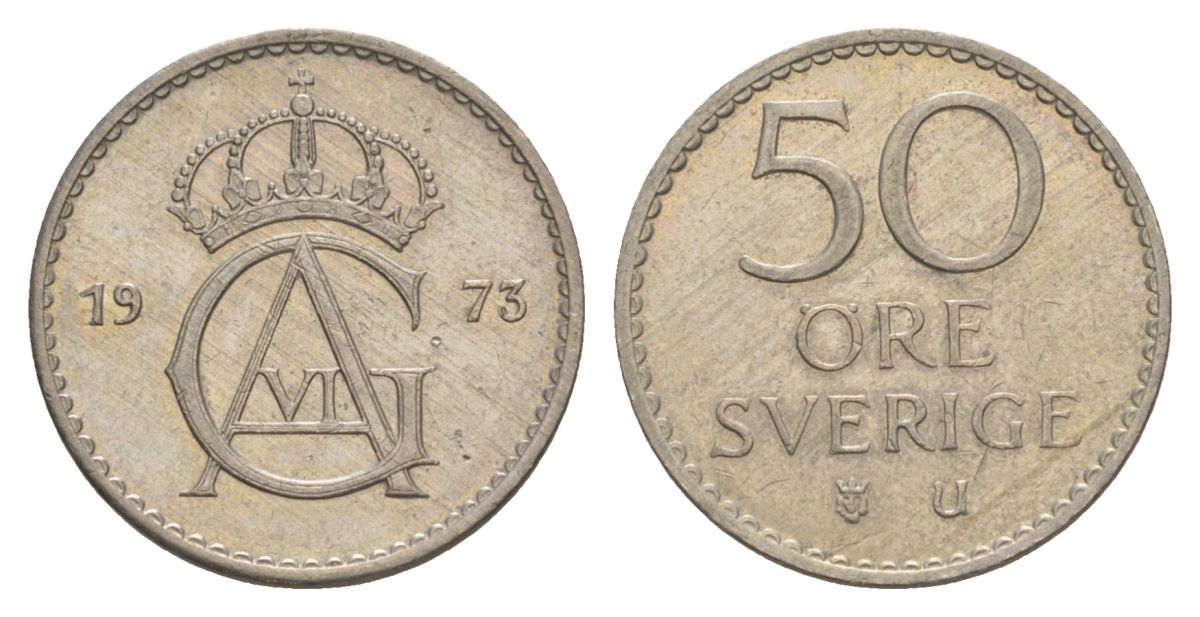 Швеция 50 эре 1973 TS, Густав VI Адольф (1950-1973) KM 837 медно-никель aUNC 4632-751