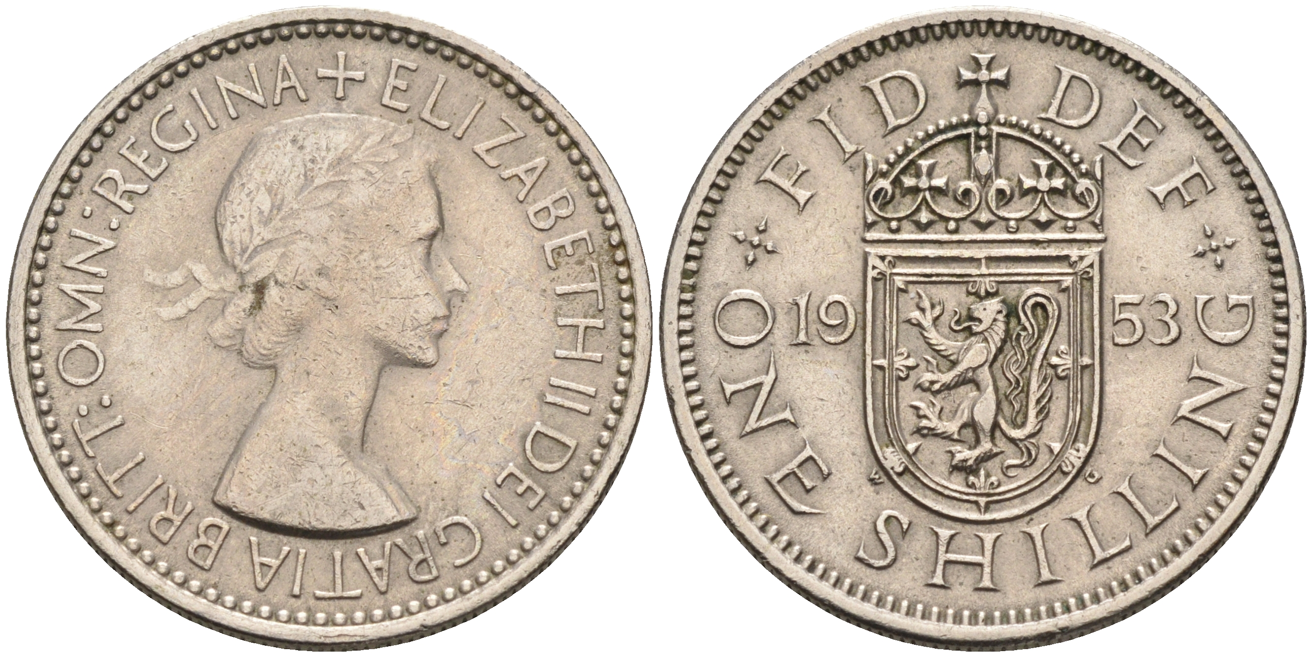Великобритания 1 шиллинг 1953 Елизавета II (1952-2022), Шотландский герб KM 891, Spink 4140 медно-никель    4150-511