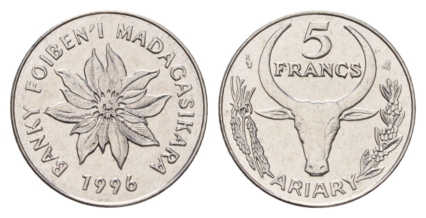 Мадагаскар 5 франков 1996 год-тип KM 21 нержавеющая сталь UNC 4669-512