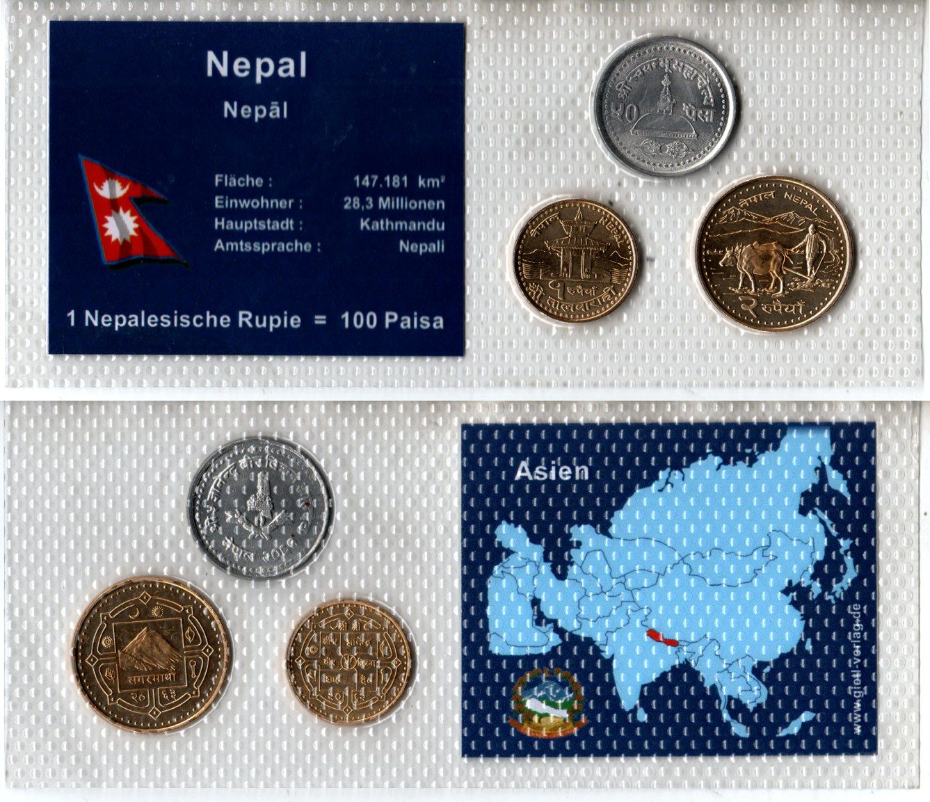 Непал набор из 3 монет (50 пайс; 1 и 2 рупии) 2004, 2005 и 2006 в красочной упаковке с информацией о стране KM 1179, 1181 и 1188 UNC 2-6-3-127