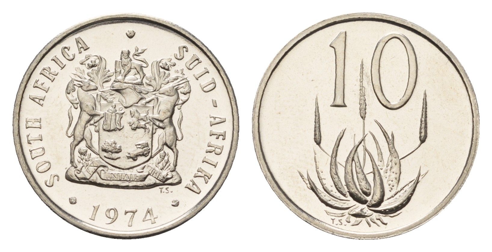 ЮАР 10 центов 1974 герб, цветок алоэ KM 85 никель PROOF 4685-814
