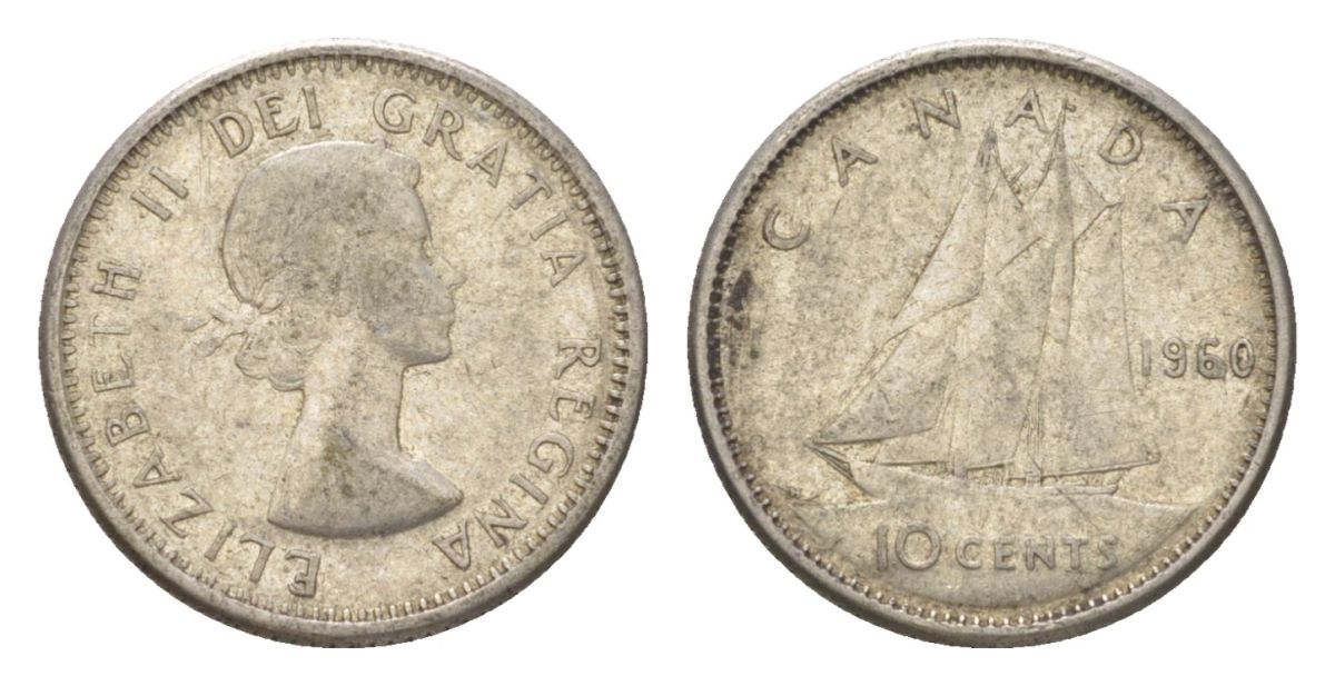 Канада 10 центов 1960 Елизавета II (1952-2022), парусник KM 51 серебро 4623-927