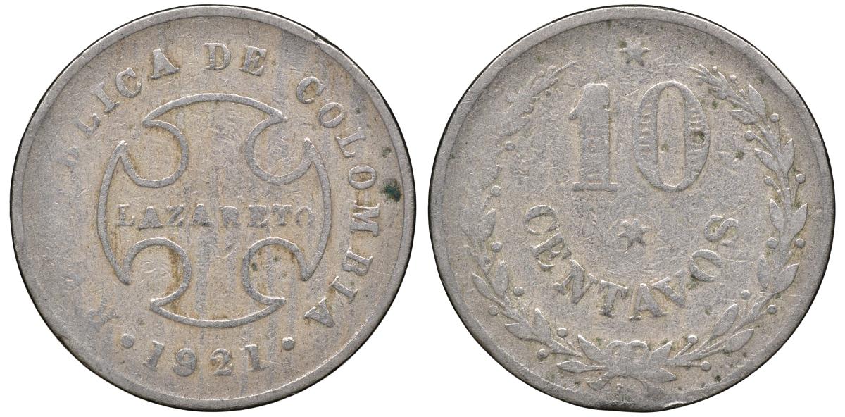 Колумбия 10 сентаво 1921 государственный лепрозорий KM L12 медно-никель 53-443