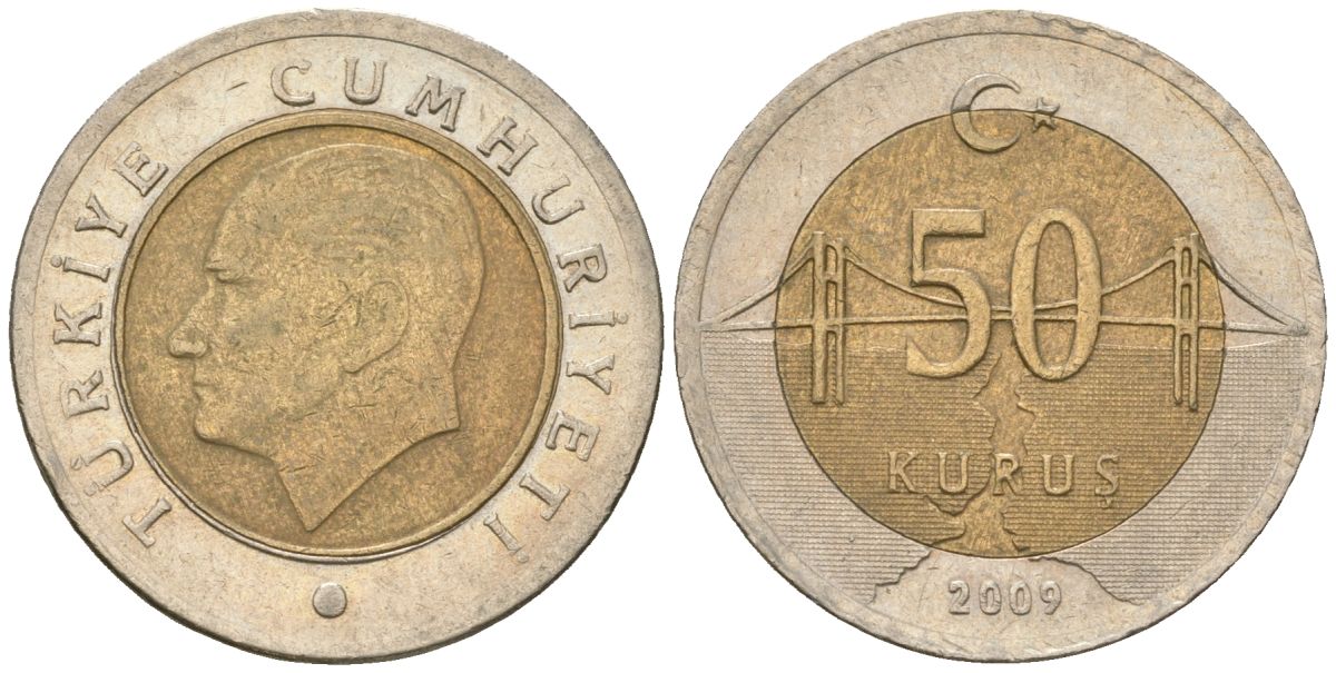 Турция 50 курушей 2009 KM 1243 биметалл 4610-1131