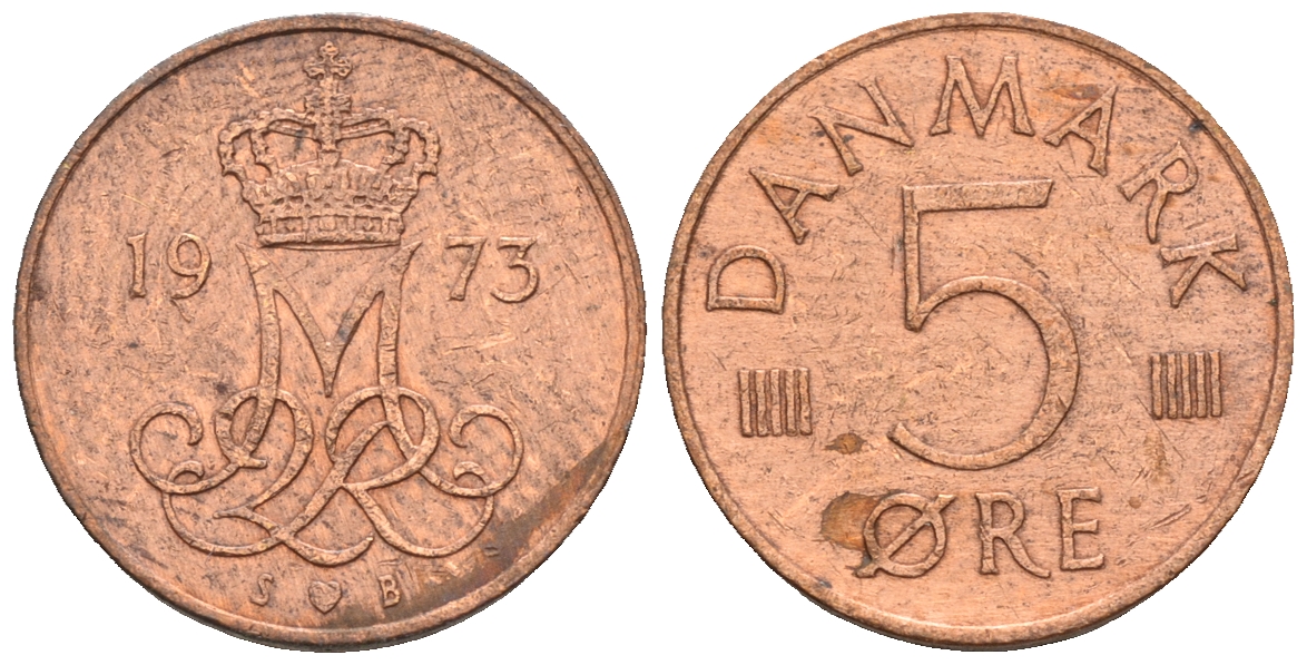 Дания 5 эре 1973 S; B, Маргрете II (1972- ) KM 859.1 железо плакированное медью 54-1038