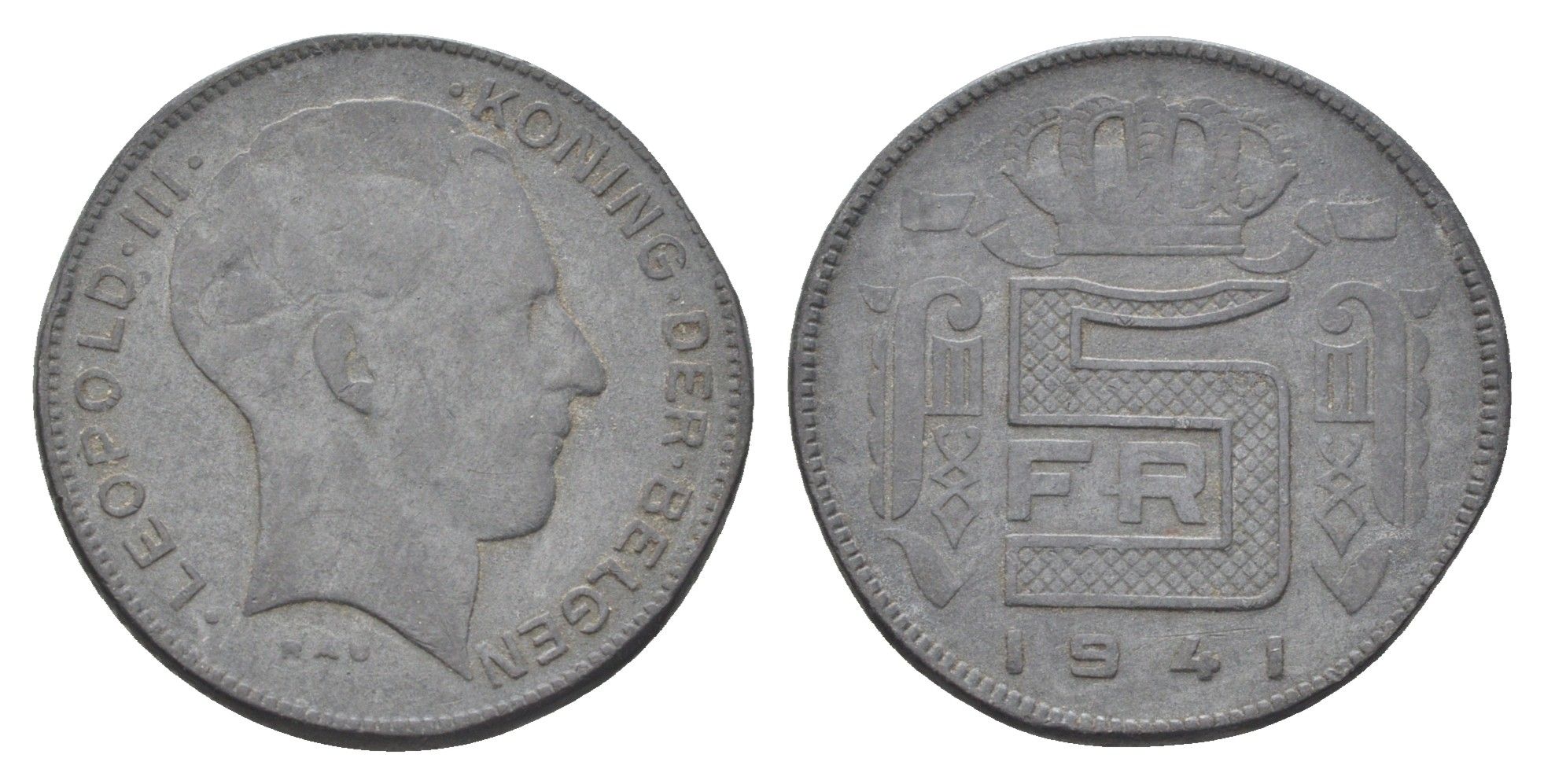 Бельгия 5 франков 1941 Belgen, Леопольд III (1934-1951) KM 130 цинк 4704-1045