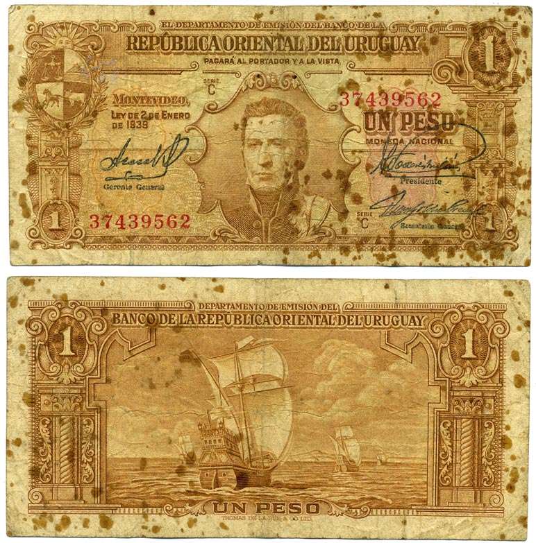 Уругвай 1 песо 1939 Хосе Хервасио Артигас, парусник, серия С Pick 35b бумага 6262-39-2-1