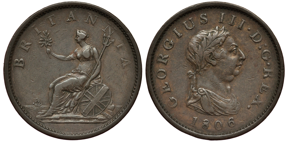 Великобритания 1 пенни 1806 Георг III (1760-1820) KM 663, Spink 3780 медь 1524-1323