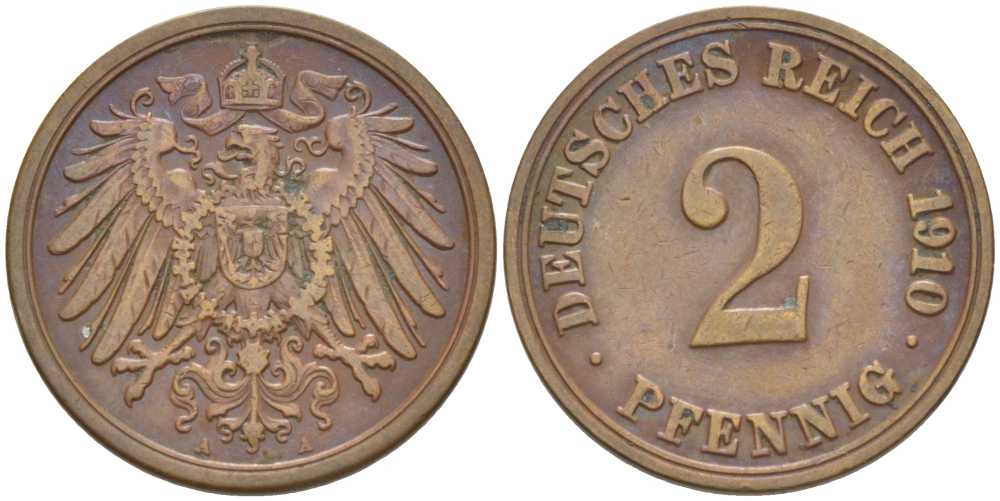 ГЕРМАНИЯ 2 ПФЕННИГА 1910 A KM 16, J. 11, Weege 4 медь 206-556