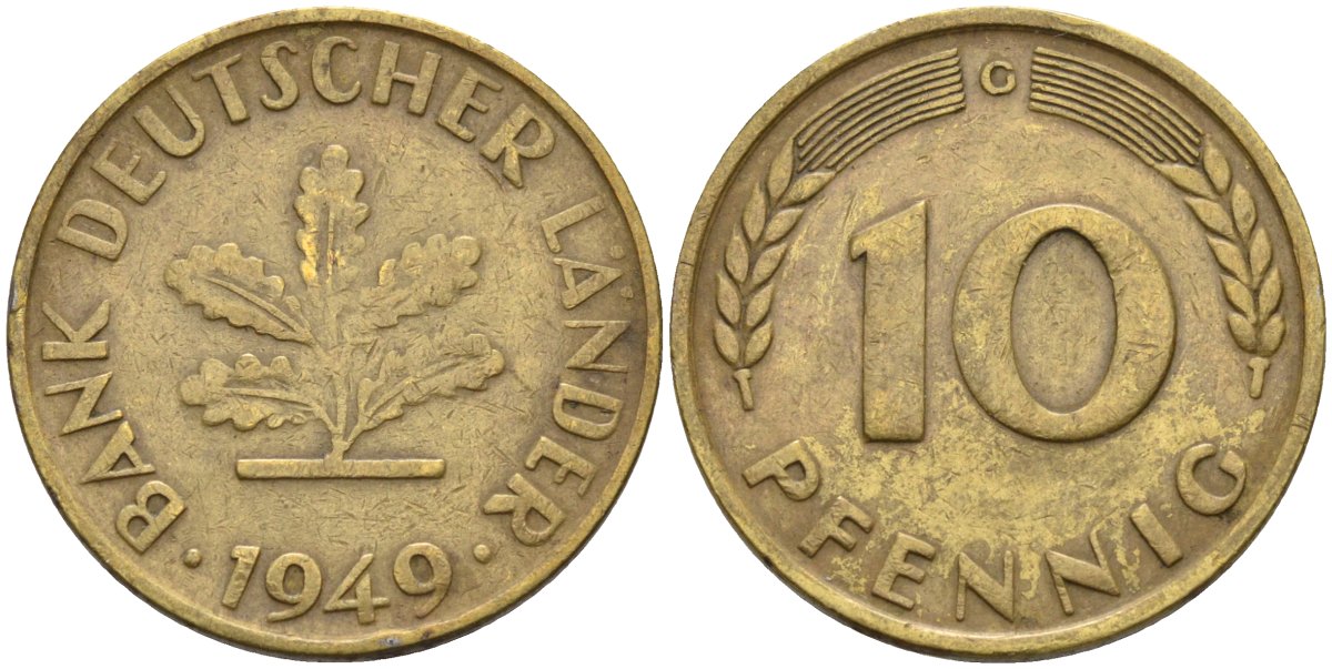 ФРГ 10 пфеннигов 1949 G KM 103, J. 378 сталь плакированная латунью 4586-633
