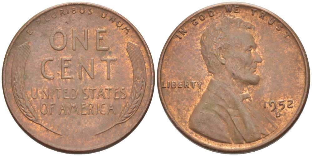 США 1 ЦЕНТ 1952 D, ЛИНКОЛЬН KM А132 медь цинк 3309-651