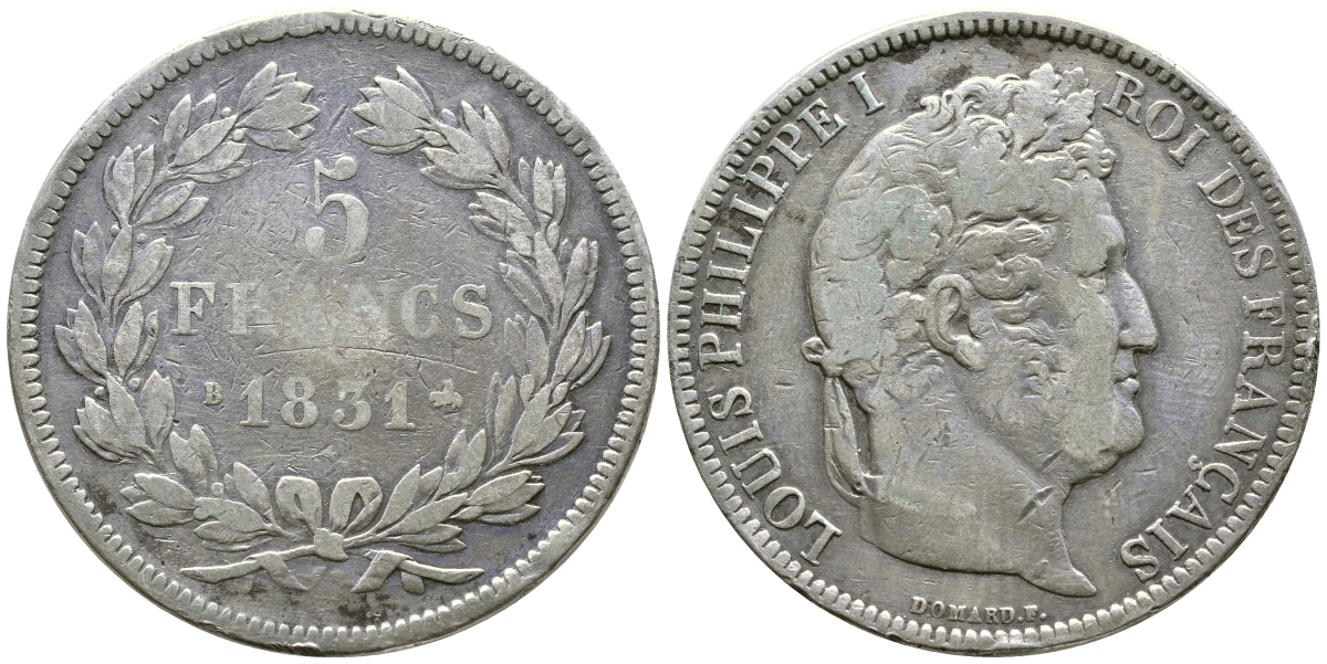Франция 5 франков 1831 B, Луи Филипп I (1830-1848) KM 745.2 серебро 00-1067-10-22