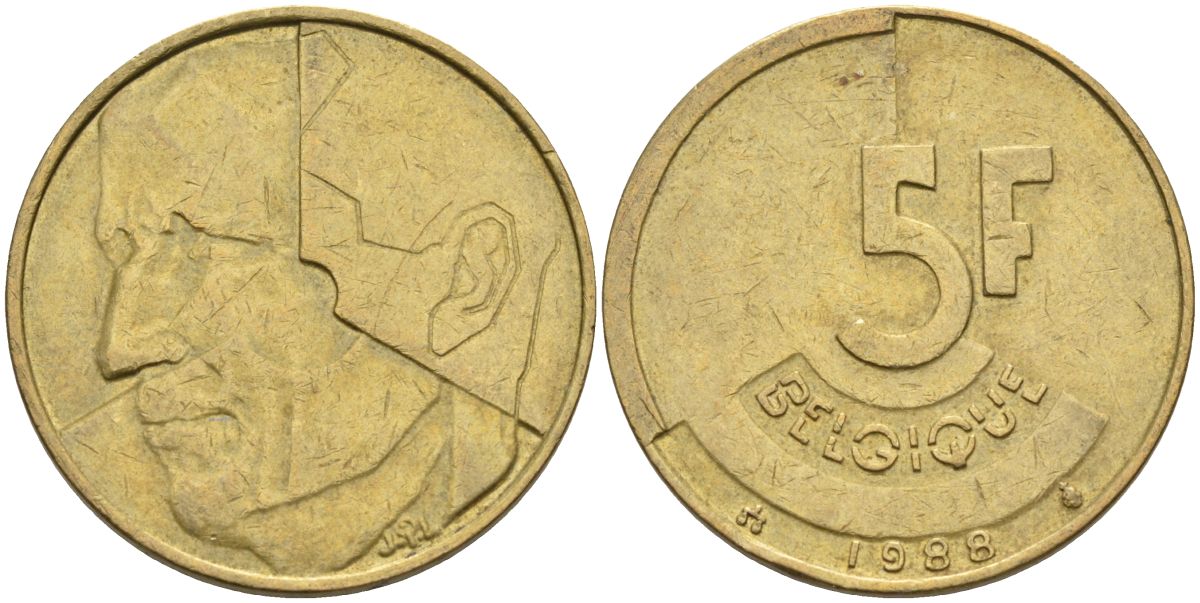 Бельгия 5 франков 1988 Belgique KM 163 алюминиевая бронза 4126-242