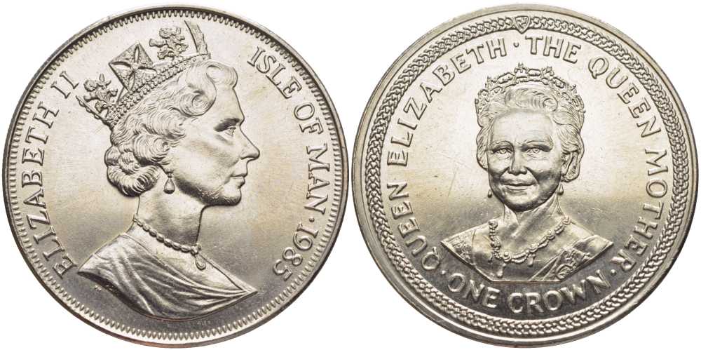 Остров Мэн 1 крона 1985 королева Елизавета (королева-мать), 85 лет Елизавете KM 221 медно-никель UNC 107-733