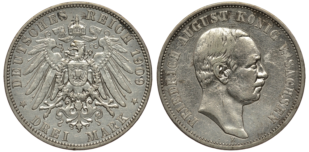 Саксония 3 марки 1909 Е, Фридрих Август III (1904-1918) Weege 132, J. 135, KM 1267 серебро 413-5211