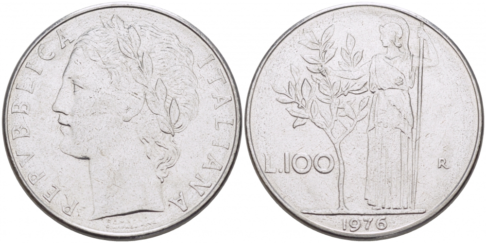 ИТАЛИЯ 100 ЛИР 1976 R, АФИНА KM 96.1 нержавеющая сталь 4403-1121