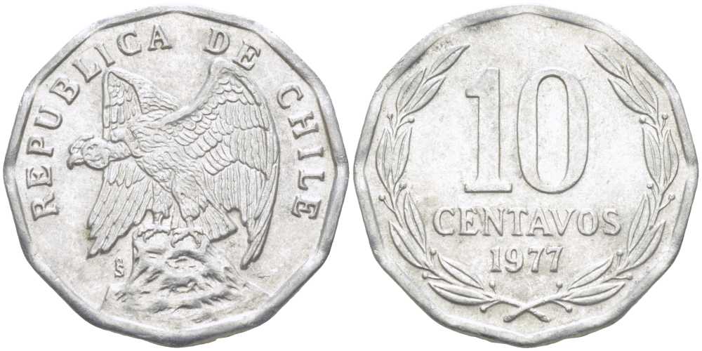 Чили 10 сентаво 1977 KM 205a алюминий 4402-351