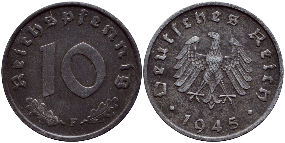 ГЕРМАНИЯ 10 РЕЙХСПФЕННИГОВ 1945 F КМ А104, J.375 цинк 54-2046
