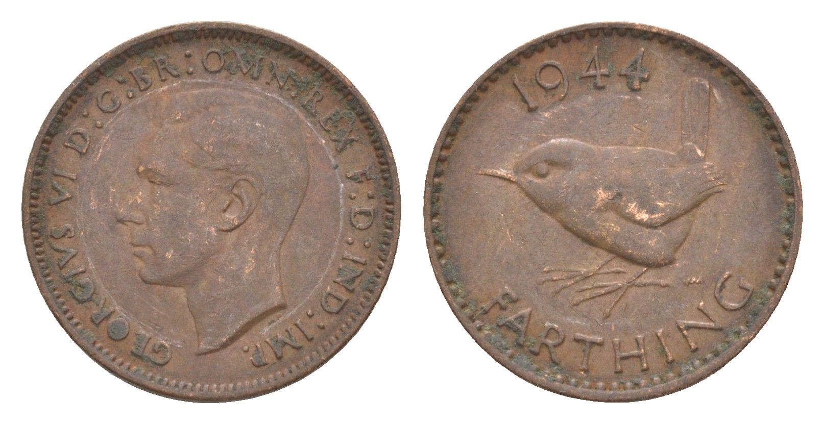 Великобритания 1 фартинг 1944 Георг VI (1936-1952) KM 843, Spink 4116 бронза 3457-1227