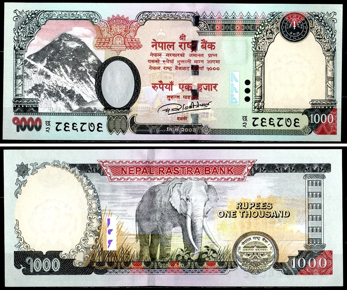 Непал 1000 рупий 2016 Гора Эверест, ступа Сваямбунатх и храм Харати, слоны Pick 75 b бумага UNC (пресс) 7548-45-3-2